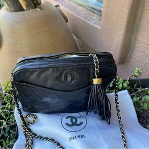 CHANEL Black Quilted Leather Crossbody Camera Bag with Tassel